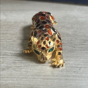 Gold Tone Leopard Brooch with Tan and  Brown Enamel and Green Eyes